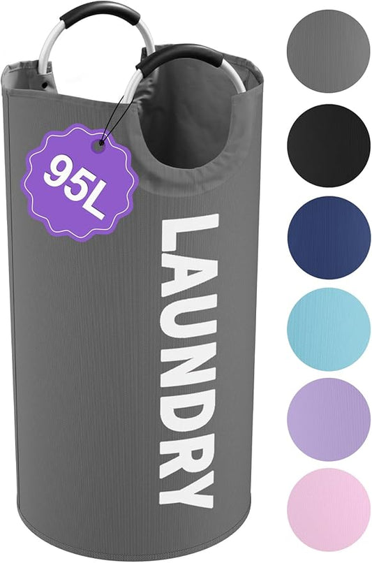 Collapsible Laundry Basket with Handles, 95L Large Laundry Hamper for Bedroom, Dirty Clothes Hamper Stand Up Well, Portable Storage Basket for Famliy, Travel, Dark Grey