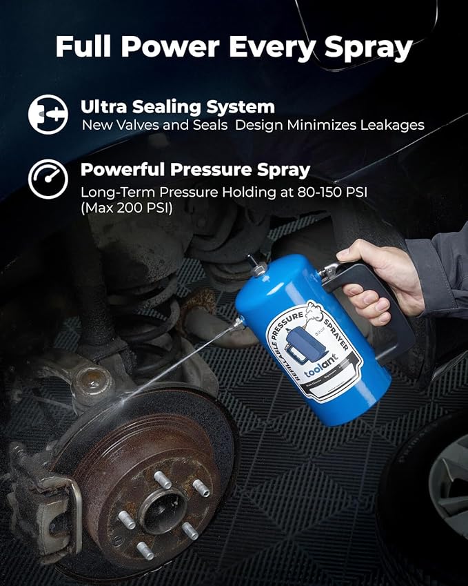 toolant 32oz Refillable Pressurized Sprayer, Steel Canister, Rust-Resistant Lining, Needle Valve Leak-Resistant, 1.0/0.6mm Nozzles, Funnel Included, 200 PSI Max, for Brake Cleaner & Solvents, Blue