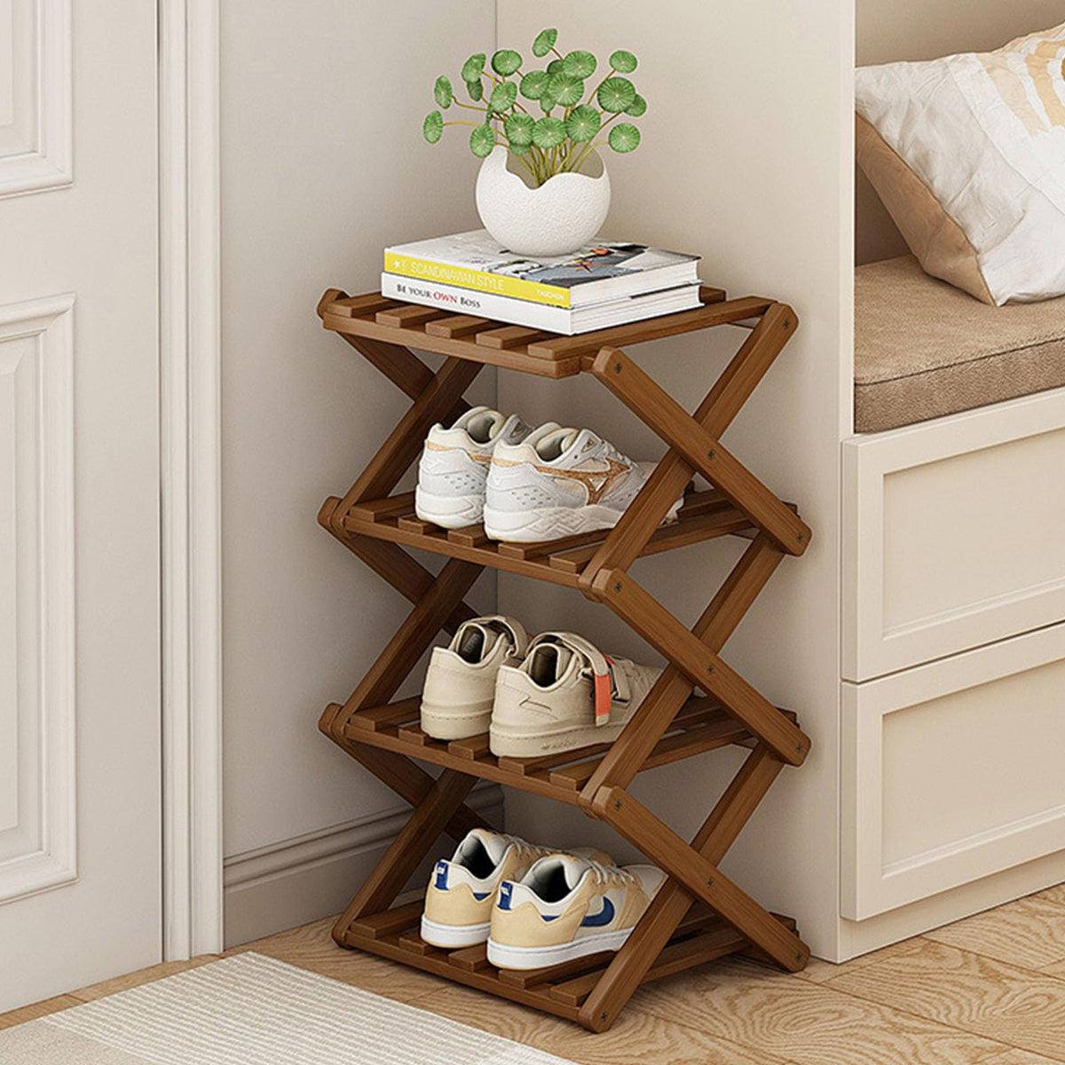 YYW Shoe Rack, Foldable Bamboo Shoes Shelf - Image 1