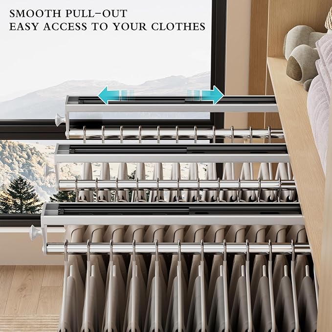 2 Pack Pull Out Closet Rod, 15.7inch Heavy Duty Pants Rack, Adjustable Clothes Hanger Rail, Space Aluminum Valet Rod, Top Mounted Wardrobe Clothes Organizer, Closet Storage for Trousers Coats White