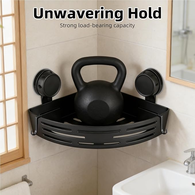 2026 New Triangle Suction Cup Corner Shower Shelf - No Drilling Bathroom Storage Rack with Towel Bar, Adhesive Organizer for Corners, Black, 3-Layer Design