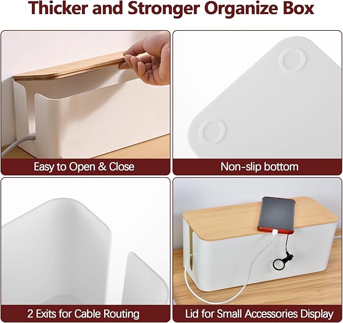 Cable Management Box,2 Pack Wooden Style Large Cable Organizer Box for Office and Home,Cable Organizer Box with Proof Lock for Baby-Pets,Wood Lid（White,2 Pack