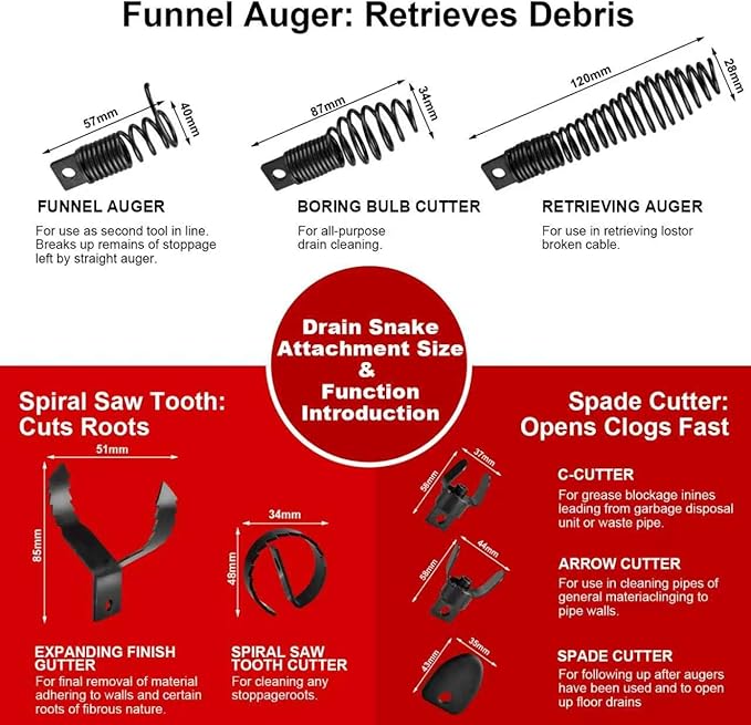 GENGEL PIPE VEDC-100 Electric Drain Snake Auger, 100ft x 1/2"Heavy Duty Cable,1800RPM Auto-Feed Foot Pedal,8-Piece Cutter Set + Hex Root Killer,8" Replaceable Wheel – Ideal for Sewer & Clogged Pipes