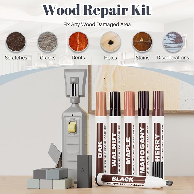 Hardwood Floor Scratch Repair Kit, Laminate Vinyl Floor Repair Kit with Heat Pen, 6 Colors Floor Wax Wood Furniture Touch up Marker Pen Scratch Remover for Cracks, Holes, Table, Cabinet.