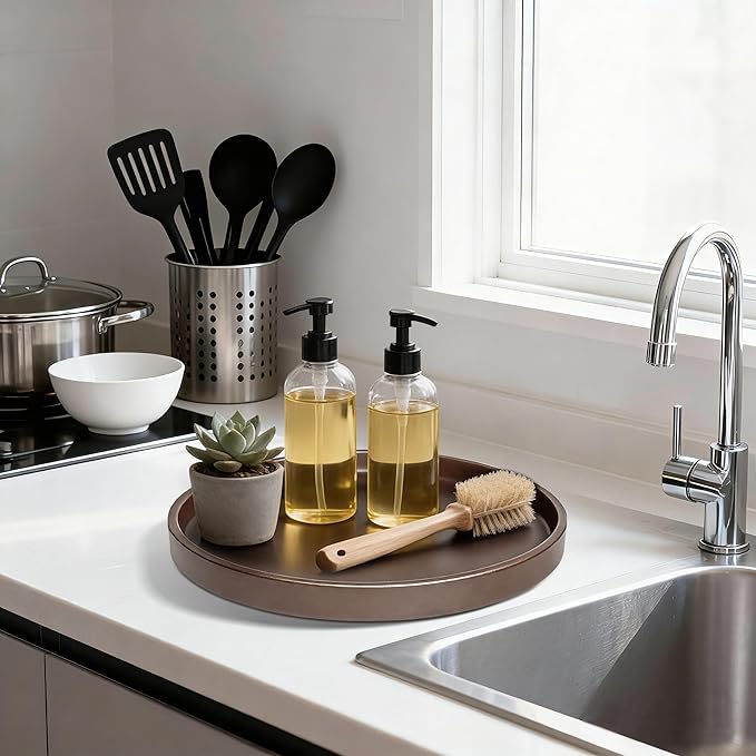 2 Pack 10" Bathroom and Vanity Tray, ABS Bathroom Counter Organizer, Coffee Table Decor for Perfume, Candles, Keys &More. Kitchen Countertop Organizer, Decorative Tray Soap Holder, Brown