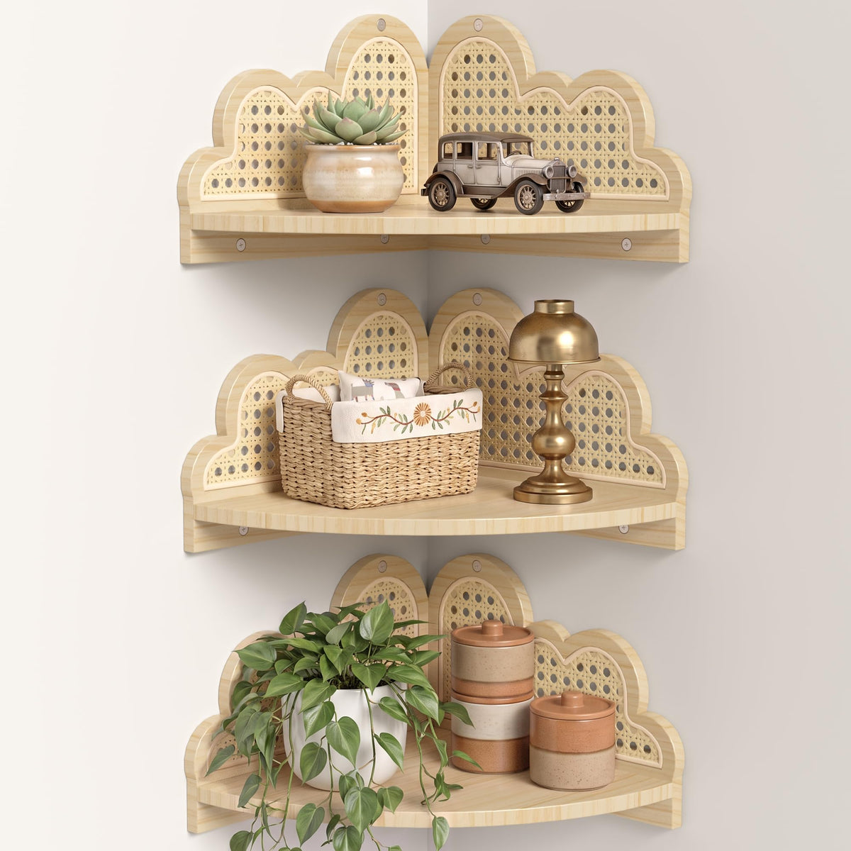 Cloud Rattan Corner Floating Shelves,3 Pack Solid Wood Boho - Image 1