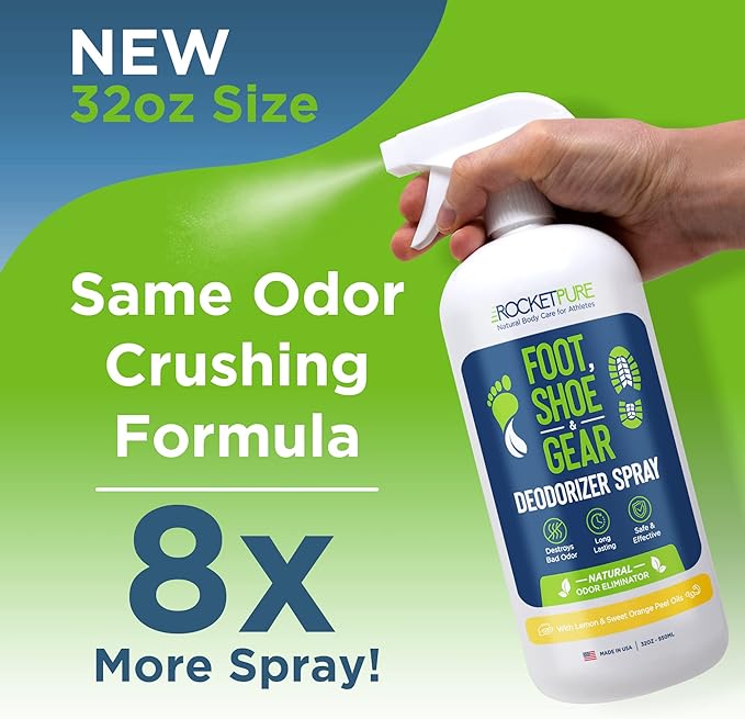 Rocket Pure Natural Foot and Shoe Deodorizer Spray, Deodorant and Odor Eliminator for Smelly Feet, Smell Remover, Formulated with Essential Oils, Made in the USA, Lemon, 32 fl oz