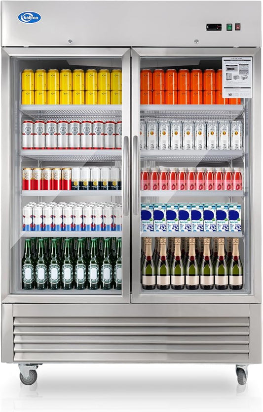 49 Cu.Ft Commercial Refrigerator, 54" Display Merchandiser, 2 Glass Door Reach-in Upright Beverage, Stainless Steel Upright Fridge Cooler with LED Lighting for Restaurant Kitchen