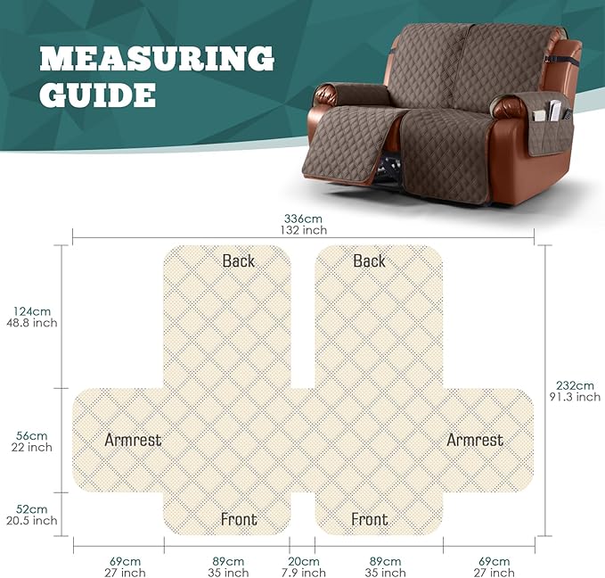 Ruaozz Waterproof Recliner Sofa Covers, 1-Piece Couch Covers for Reclining Couches Reclining Couch Cover Washable Furniture Protector with Elastic Straps Pocket for Kids Pets (Brown, 2 Seater)