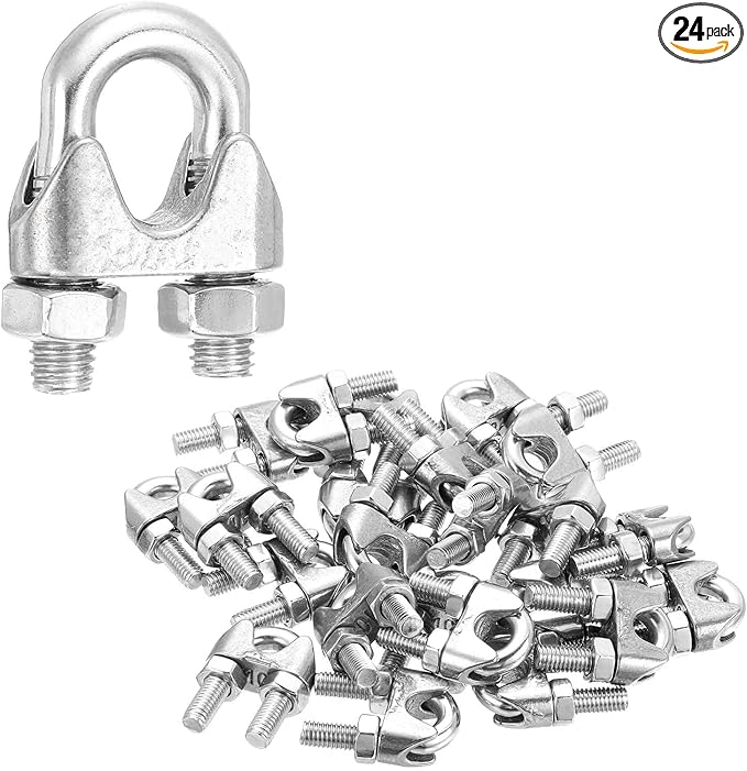 MECCANIXITY 24Pcs Wire Rope Cable Clip Clamps 3/8 Inch M10 Small 304 Stainless Steel U Bolt Saddle Fasteners Hardware for Secure Rigging Marine Guy Line Fence Clothesline, Silver