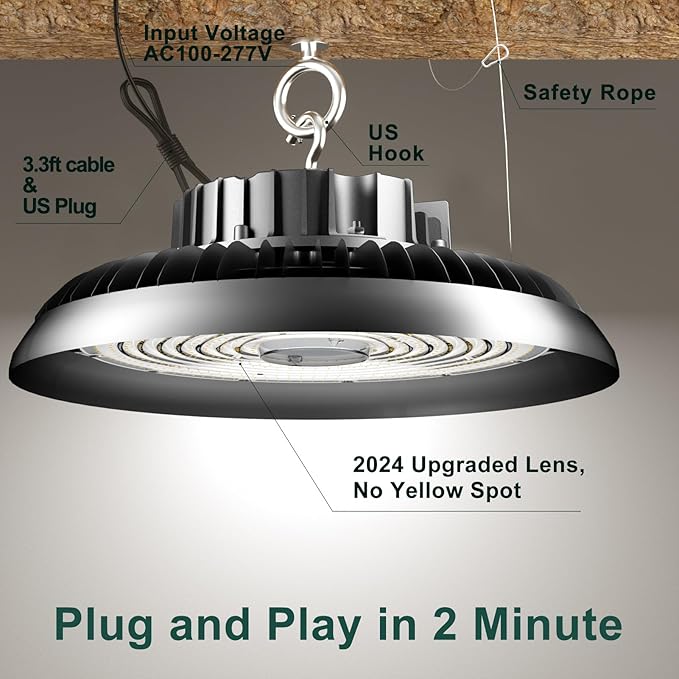 LED High Bay Light 420W 60000lm 5000K High Bay LED Shop Lights with US Plug, AC100-277V UFO Commercial Bay Lighting for 30-55FT Height -2Pack