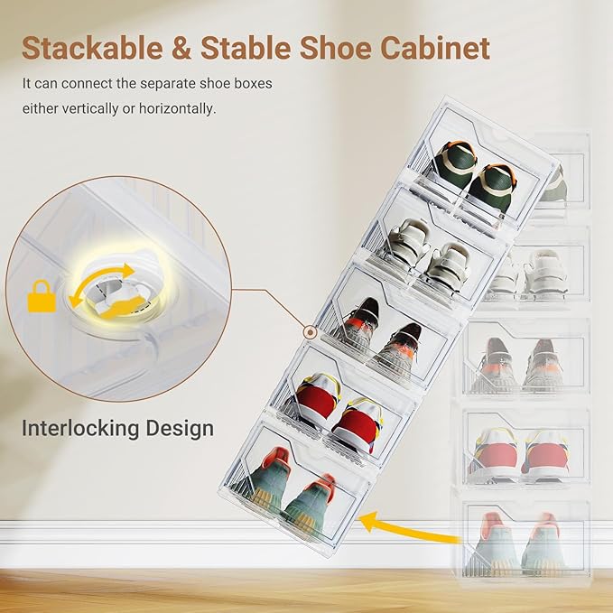 XX-Large Shoe Sneaker Storage Boxes for Size 14, Stackable & Thicken Clear Plastic Shoe Organizers 8 Packs for Entryway Closet Under Bed, Shoe Storage Cabinets Container Display Case w/ Magnetic Door