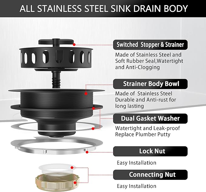 Black Sink Drain 3-1/2 Inch Kitchen Sink Drain Strainer Assembly Kit with Stainless Steel Strainer Basket and Drain Stopper for Standard Kitchen Sink Matte Black