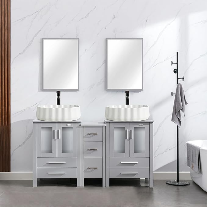 eclife 60" Modern Bathroom Vanity Sink Combo Freestanding Cabinet with Small Side Cabinet, White Shell Ceramic Vessel Sink, Water Save Faucet, Drain (Gray+T54)