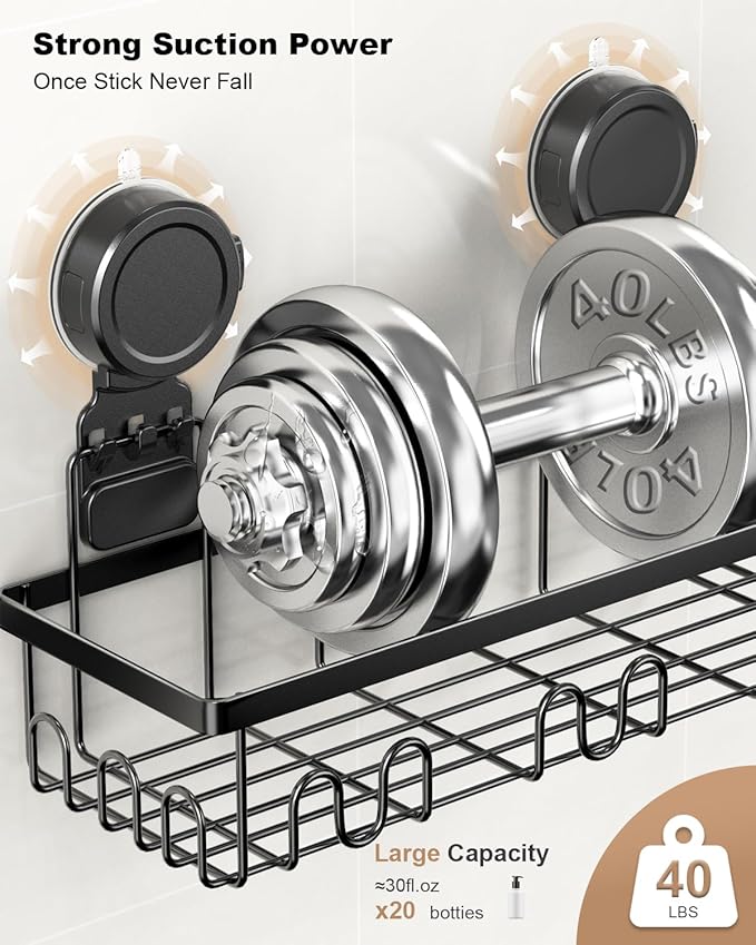 JOTPE Suction Cup Shower Shelf, 5 Pack Powerful Suction Cup Caddy with Hooks & Soap Holder, Drill-Free Wall Mounted Suction Basket, Large Capacity Removable Bathroom Storage, Hanging Up to 40lb/18KG