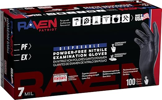 SAS Raven Patriot Powder-Free Nitrile Disposable Gloves | 7 Mil - XL | Black, 10 Boxes of 100| Latex Free, Compression Fit, Textured Grip | Paint, Automotive, Industrial, Janitorial, Food Service