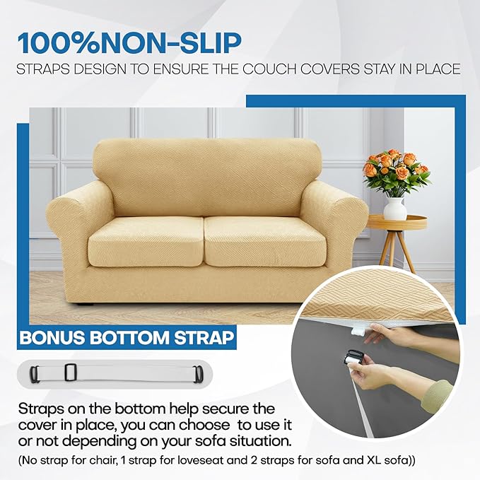 XINEAGE 2025 New 4 Pieces Extra Large Couch Covers for 3 Cushion Sofa Super Stretch Sofa Cover for 3 Large Seat Cushion Universal Fitted Slip Cover for Living Room (Beige), 91"-110"(3 Cushions)