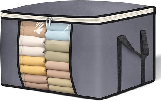 SLEEPING LAMB 65L Clothes Storage Bag, Breathable Blanket Storage Container and Foldable Comforter Organizer for Closet with Reinforced Handles for Sheets, Pillow, Toys, Grey