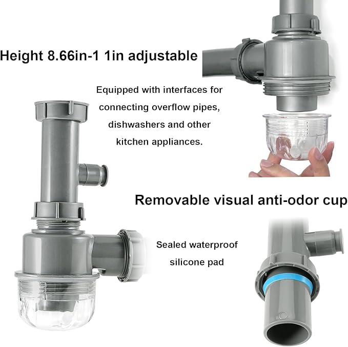 1 1/2" Kitchen Sink Drain Kit P-Trap Strainer Adjustable Height with 304 Stainless Steel 3-1/2" Sink Drain Assembly Kit for Kitchen Bar and RV