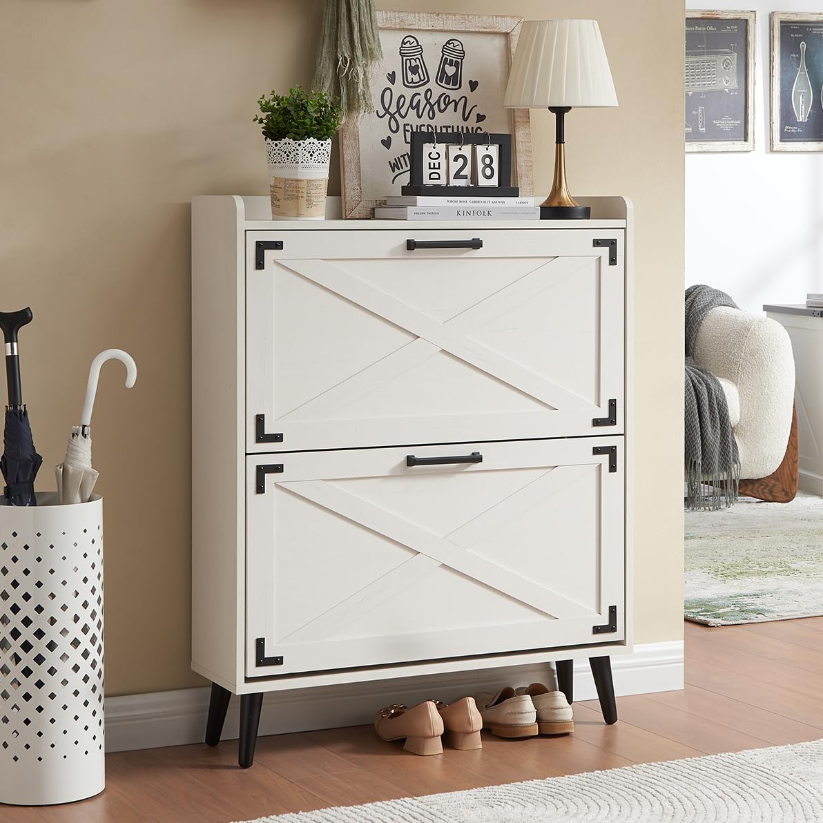 Farmhouse Shoe Storage Cabinet with 2 Flip Drawers & Barn Door - Image 1