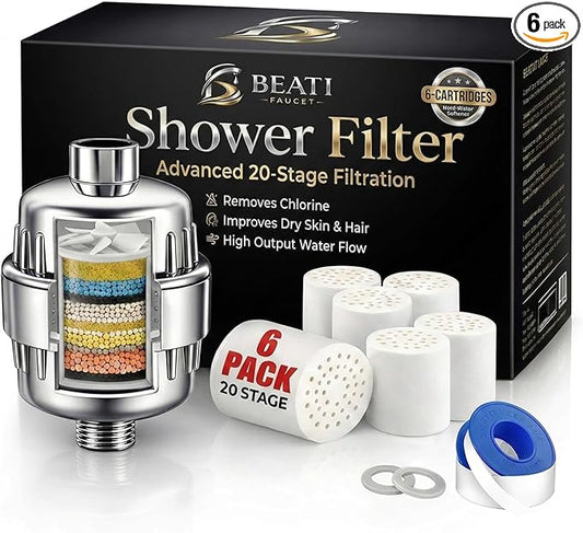 Beati Faucet® Chrome Shower Filter with KDF-55, Alkaline Carbon, Vitamin C & E | 6 Cartridges Hard-Water Softener Removes Chlorine, Fluoride & Heavy Metals | Soothes Dry Skin, Itchy Scalp & Hair Loss