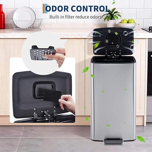 Kitchen Trash Can with Soft Close Lid & Foot Pedal, 40 Liter / 10.6 Gallon Stainless Steel Garbage Can with Odor Filter & Removable Inner Bucket, Rectangular Waste Bin for Home Kitchen Office
