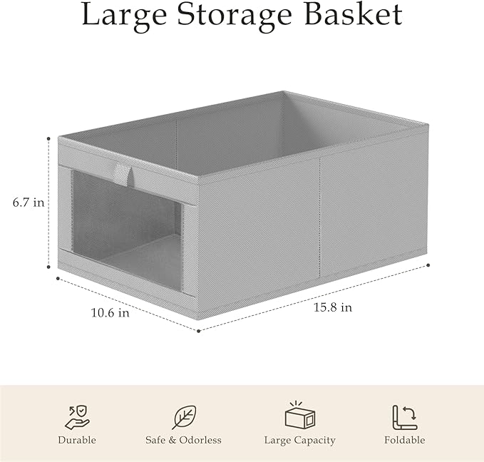 Criusia 4 Pack Linen Closet Organizers and Storage, Closet organizer Large Linen Closet Baskets for Organization, Foldable Storage Containers for Towels, Clothing, Jeans, Books, Shelves,Grey
