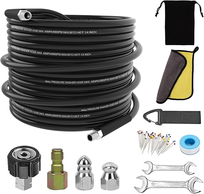Sewer Jetter Kit for Pressure Washer, Water Jet Drain Cleaning Hose with Pionter Button Nose Nozzle 1/4" NPT Sewer Cleaning Tool High-Pressure Nozzles,5800 PSI 25 FT