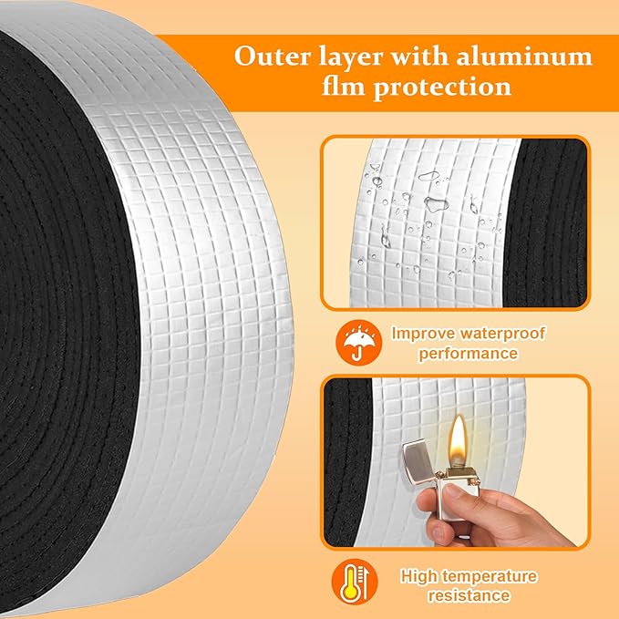 2 PCS 33ft Foam Insulation Tape Pipe Insulation Wrap, Waterproof Self Adhesive Winter Outdoor Freeze Protection Foil for Hot or Cold Pipes, 2 inch Wide