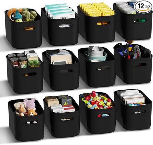 12 Pack Black Plastic Storage Bins, Storage Container for Organizing, Storage Boxes with Handle for Shelves, Cute Organizer Bins for Craft, Snacks, Pantry, Cabinet, 8.7x6.7x5.66inch