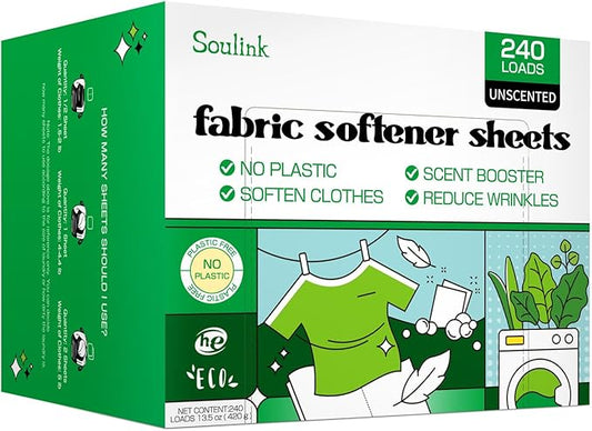 Soulink Fabric Softener Sheets for Washing Machine, No Plastic Jug Soap Strips, Alternative to Fabric Softener Liquid and Pods, Unscented Fragrance Free, Up to 240 Loads