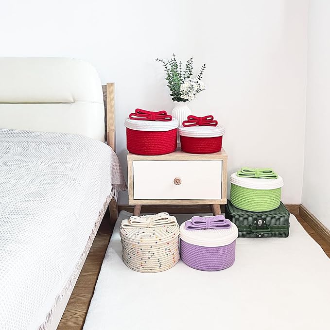 Small Storage Baskets with Lids, Round Woven Rope Basket with Lid; Cute Storage Box for Toy, Gift or Home Decor; Small Decorative Bin with Chic Bow Handle Design (Red)
