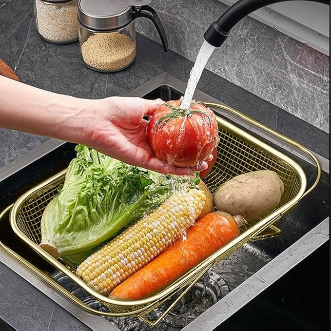 Over the Sink Colander, Expandable Baskets with Fine Mesh Strainer Handle Stainless Steel Rectangle Kitchen Colanders for Strain Drain Rinse Fruits Vegetables Pasta New Home Essentials (Gold)