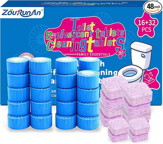 48PACK Toilet Cleaning Tablets Set - 16 Effervescent Toilet Bowl Cleaners Tablets + 32 Blue Toilet Tank Tablets, Double-Action Formula for Stain, Water Deposit Removal