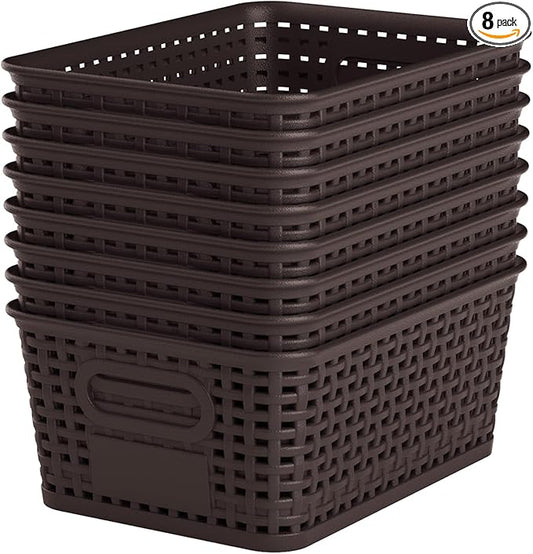 Brown Plastic Storage Baskets - Pack of 8 with Labels Stackable Durable Storage Bins, Storage Containers for Organizing Desktops, Closets, Playrooms, Classrooms, Offices