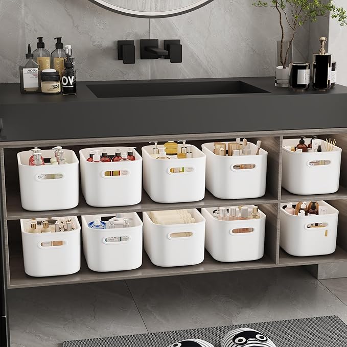 10 Pack White Plastic Storage Bins, Storage Container for Organizing, Storage Boxes with Handle for Shelves, Cute Organizer Bins for Craft, Snacks, Pantry, Cabinet, 9.69x6.7x5.7 inch