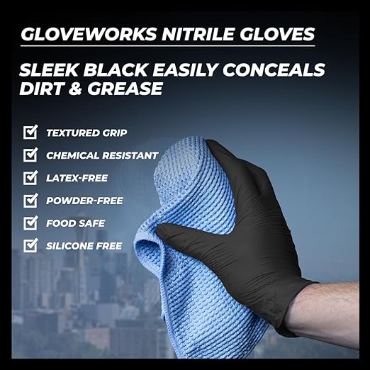 GLOVEWORKS Black Nitrile Gloves for Cooking, Food Prep, Disposable, 5 Mil, For Professional Cleaning, Large, Case of 1000