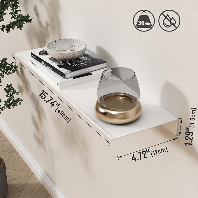 Danpoo White Floating Shelves for Wall Storage, Metal Wall Shelves for Living Room, Bathroom, Kitchen, 16” Long Display Shelves for Collectibles(2 PCS)