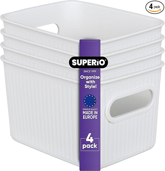 Superio Ribbed Collection - Decorative Plastic Basket Open Home Storage Bins Organizer, Small White (4 Pack) Container Boxes for Organizing Closet Storage Bins for Shelves Drawer Shelf 1.5 Liter