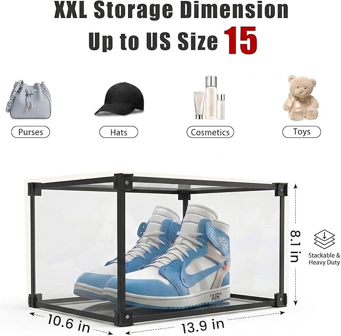Magnetic Side Open Transparent Plastic Storage Shoe Box Clear Shoe Display Case Sneaker Shoe Storage Box Display Box Shoe Container Clear Closet Shelf Shoe Organizer (Black 8PC)