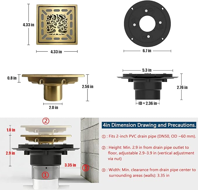 4 Inch Shower Drain, Square Shower Floor Drain Kit with Flange and Removable Cover Grate, AISI 304 Stainless Steel, Brushed Gold