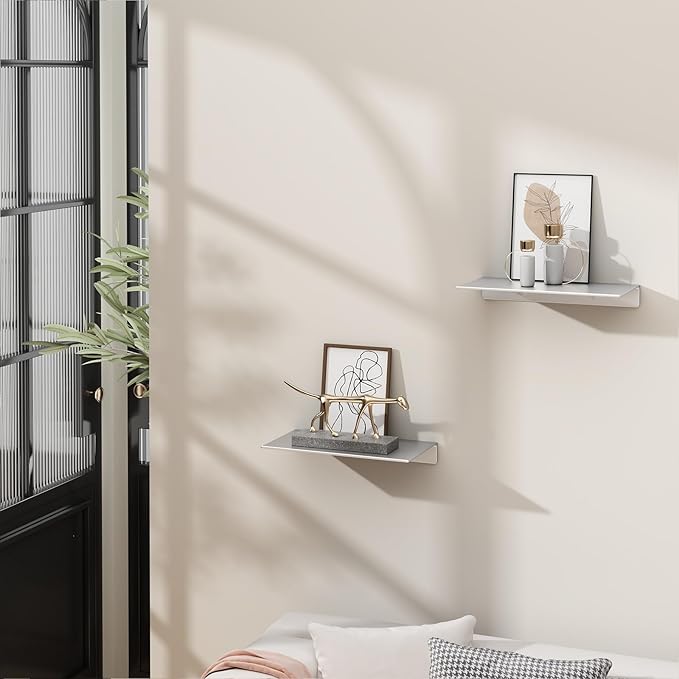 Danpoo Adhesive Floating Shelves for Wall Storage, Metal Wall Shelves, Small Bathroom Shelves Wall Mount, 8" Mini Display Shelves for Collectibles(Silver, 2PCS)
