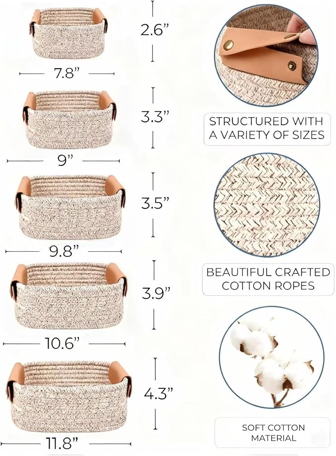 SVNR Brown Storage Baskets Set of 5, Woven Rope Shelf Bins for Organizing - Durable Cube Organizers for Closet, Nursery, Bedroom, Toy Storage with Handles, Modern Home Decor