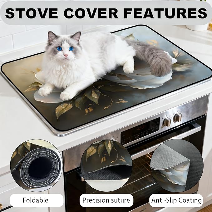 Glass Stove Top Covers for Electric Stove, Heat Resistant Counter Protector Mat, Non Slip Waterproof Surface Cover for Kitchen Counter and Cooktop (White Peony, 28"L x 20"W)