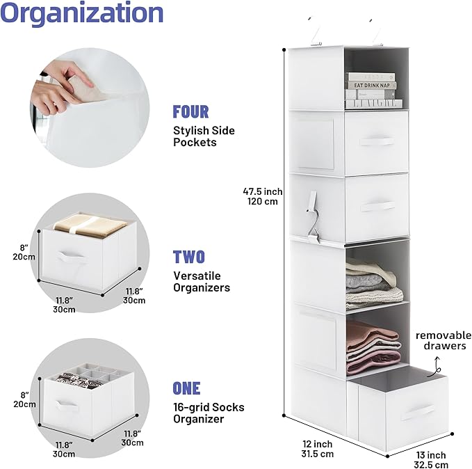 Twira 6-Shelf Hanging Closet Organizer, 2 Separable 3-Shelf Hanging Shelves, Hanging Storage with 3 Removable Drawers 4 Side Pockets, Storage Organizer for Closet, Nursery (White)