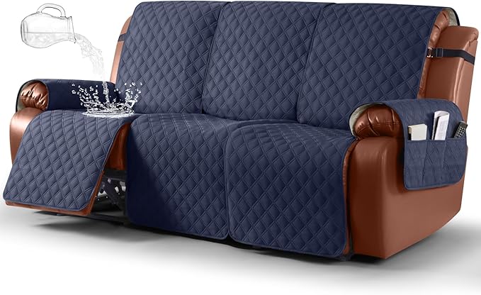Ruaozz Waterproof Recliner Couch Covers, Sofa Slipcovers Washable 1-Piece Recliner Covers Non-Slip Furniture Protector with Elastic Straps Pocket for Kids Pets(Dark Blue, 3 Seater)