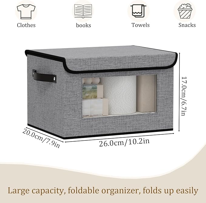 Fabric Storage Bin with Lid, Storage Box with Handles, 10.2 x 7.8 x 6.7 Inch Closet Organizer for Shelves Organization, Gray, 1-Pack