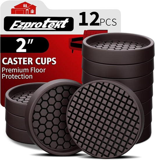 Ezprotekt Non Slip Furniture Pads, 12 Pcs 2" Anti Slip Rubber Caster Cups, Anti Skid Furniture Coasters for Hardwood Floors, No Slide Furniture Gripper, Furniture Stoppers to Prevent Sliding (Brown)