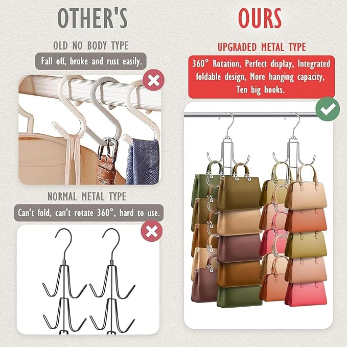 Purse Organizer for Closet, Hanging Bag Holder with 10 Big Hooks, Metal Handbag Storage Hook Backpack Rack Space Saving Hanger for Handbag, Belt, Scarve, Tie