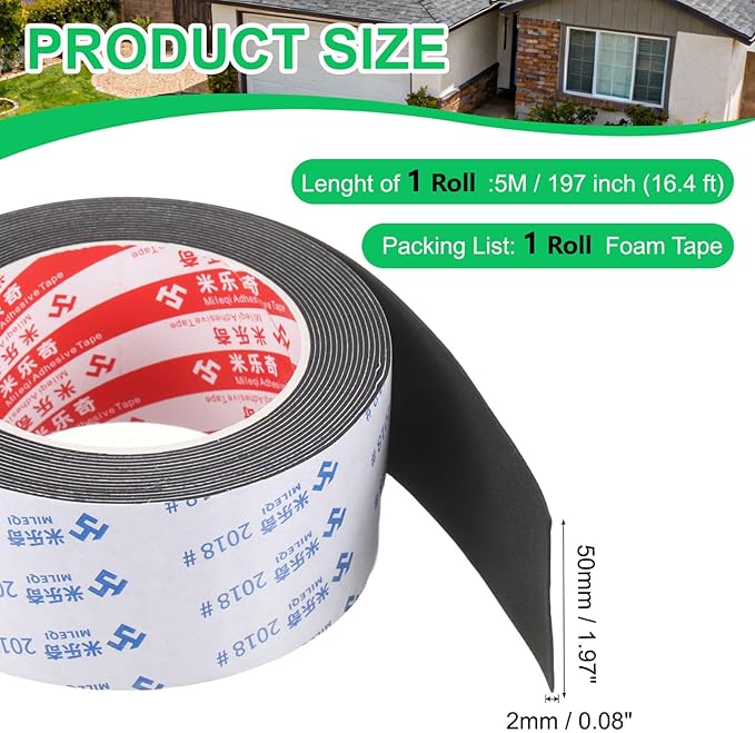 PATIKIL Sponge Rubber Foam Tape, 1 31/32" W x 5/64" t x 16.4ft l Self-Adhesive Foam Insulation Tape Weather Stripping for Window Door Soundproofing Weatherstrip AC Seal Strip, Black